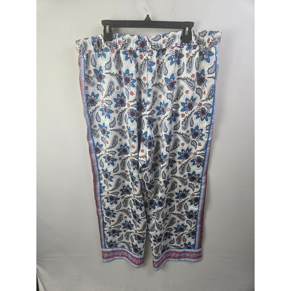 Loft Floral Paisley Wide Leg Pants XXL Blue Red White Elastic Waist Boho Casual